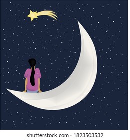 Young Woman Sitting On The Moon Gazing At The Stars