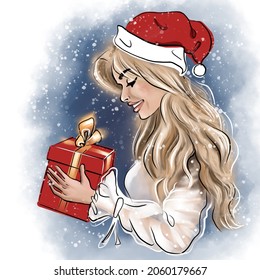 Young woman smiling and holding a gift box for Christmas or New year, watercolor style illustration - Powered by Shutterstock