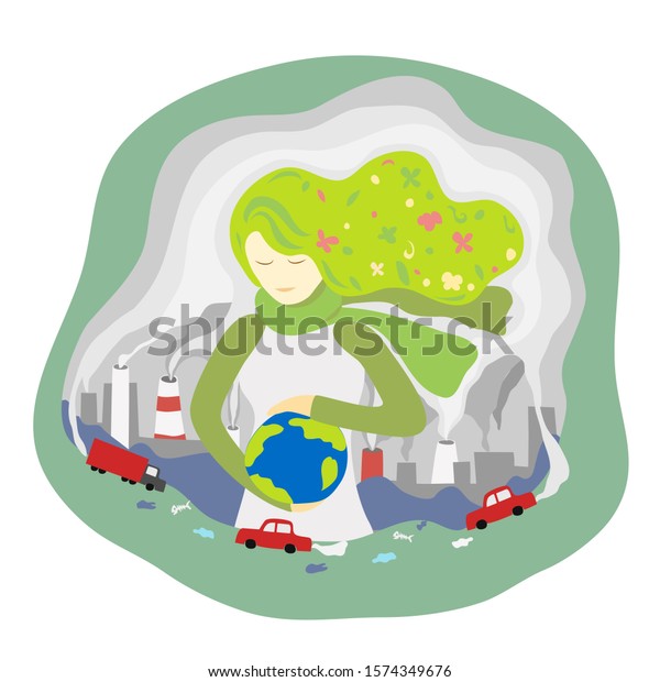 young Woman standing among polluted city and\
holding world in hand. save planet abstract illustration. Nature\
pollution and woman taking care about earth. world environment day\
and save earth\
concept