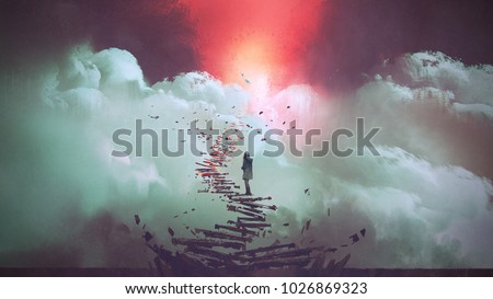 young woman standing on broken stairs leading up to sky, digital art style, illustration painting