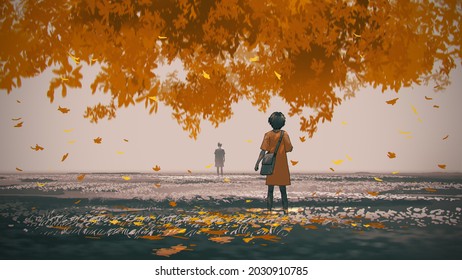 young woman standing under the autumn tree looked at the man in the distance, digital art style, illustration painting - Powered by Shutterstock