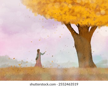 A young woman stands under a yellow tree with falling leaves. Illustration or background drawn with a tablet, and tells about autumn and lonely people. - Powered by Shutterstock