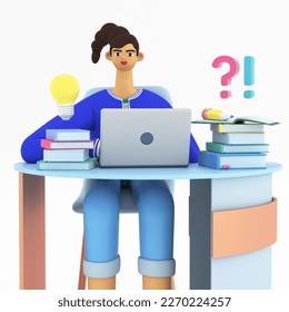 Young woman studying at home and doing homework. Concept of e-learning, online education at home. Idea and question Icons. 3d render illustration. - Powered by Shutterstock