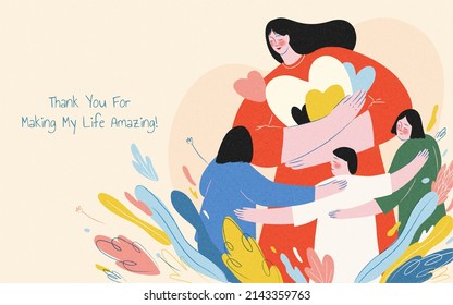 Young woman is surrounded by children and flying shapes. Warm doodle illustration suitable for Mother's Day and Teacher's Day. - Powered by Shutterstock