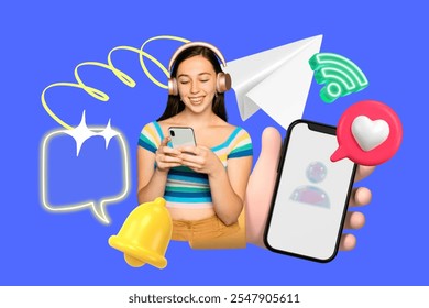 Young woman using smartphone, surrounded by digital icons like chat, notifications, and social media. Engaged with technology, digital communication, and connectivity. Social media, mixed media. - Powered by Shutterstock