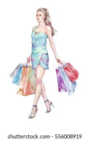 young woman walking with shopping bags watercolor illustration