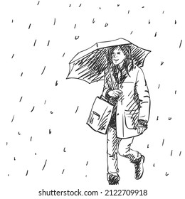 Young Woman Walking With Umbrella Under Rain, Holding Shopping Bag, Wearing Winter Clothes Drawing, Hand Drawn Black Line Sketch On White Background