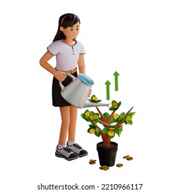 Young Woman Watering Money Plant 3d Cartoon Character Illustration