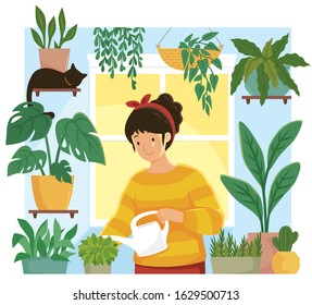 Young Woman Watering Plants In An Indoor Home Garden 