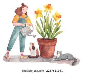 A young woman watering potted daffodil flowers  A girl holding watering can  Indoor garden hobby  Spring flowers in pots  Cats   plants lover  Watercolor illustration