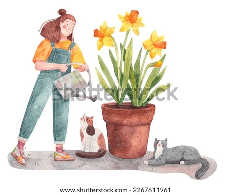 A young woman watering potted daffodil flowers. A girl holding a watering can. Indoor garden hobby. Spring flowers in pots. Cats and plants lover. Watercolor illustration
