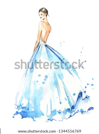 Young woman wearing long evening dress, bride. Watercolor illustration, hand painted