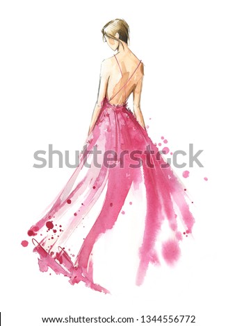 Young woman wearing long evening dress, bride. Watercolor illustration