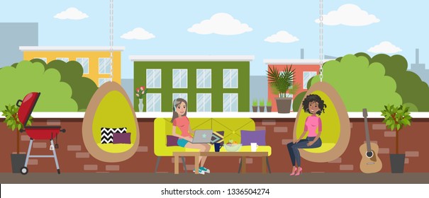 Young Women Chill Out In The Office Break Room. Women Sitting On The Couch And Talking To Each Other.  Flat Illustration