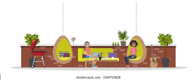 Young Women Chill Out In The Office Break Room. Women Sitting On The Couch And Talking To Each Other. Isolated  Flat Illustration