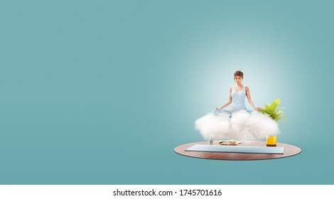 Young Women Sitting On The White Cloud In Lotus Position And Meditating. Concept Of Healthy Life And Natural Balance Between Body And Mental Development. Unusual 3d Illustration