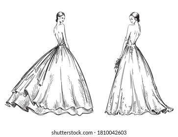 young women wearing wedding dresses  Bridal look fashion illustr