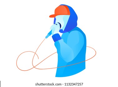 Youngster in snapback and hoodie performing beatbox. Colorful beatbox battle illustration for banner, flyer, poster isolated on white.