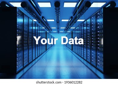 your data logo in large modern data center with rows of network internet server racks, privacy concept;  3D Illustration
