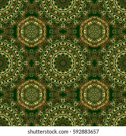 For your design, wallpaper. Geometric background. Golden color seamless illustration on a green backdrop. Geometric seamless pattern with golden gradients.