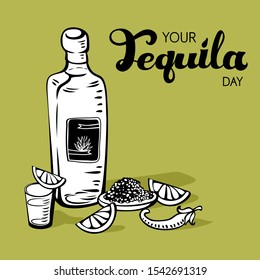 Your tequila day retro poster. Sketchy style still life scene and text. Tequila bottle and shot, slices of lime, salt and red chili pepper. - Powered by Shutterstock