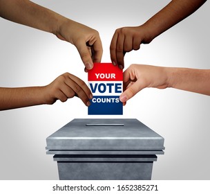Your vote counts as diverse hands casting a ballot at a voting polling station as an election and democracy concept or diversity in democracy with 3D illustration elements.