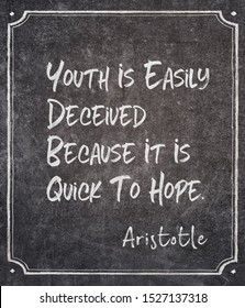 Youth is easily deceived because it is quick to hope - ancient Greek philosopher Aristotle quote written on framed chalkboard