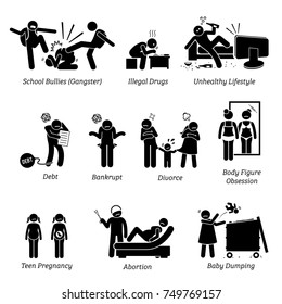 Youth Social Issues Stick Figure Pictogram Icons. Illustrations Depicts School Bullies, Illegal Drugs, Unhealthy Lifestyle, Debt, Bankrupt, Divorce, Teen Pregnancy, Abortion, And Baby Dumping.