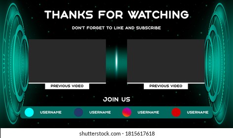 Youtube End Screen With Green Design And Green Lines. Youtube Video Template,  Background,  Outro Card, Endscreen, Banner, Channel. Social Media Design.