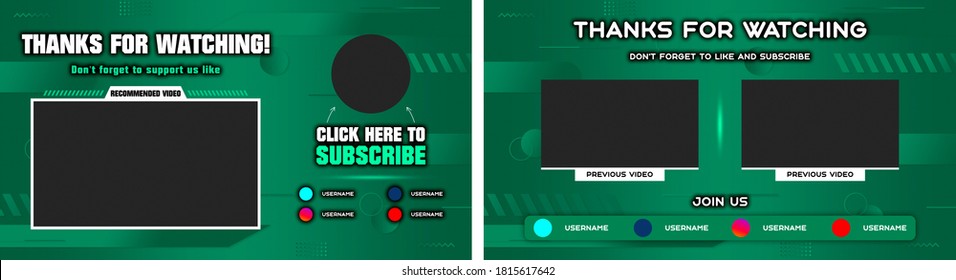 Youtube End Screen with green design and green lines. Youtube Video Template,  background,  Outro Card, endscreen, banner, channel. Social media design. - Powered by Shutterstock