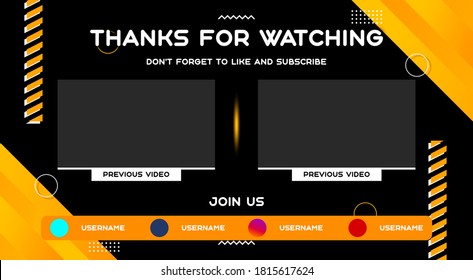 Youtube End Screen With Orange Design And Orange Lines. Youtube Video Template,  Background,  Outro Card, Endscreen, Banner, Channel. Social Media Design.