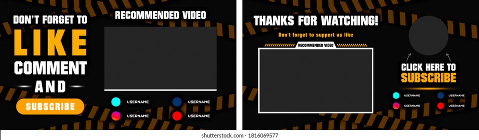 Youtube End Screen With Orange Design And Orange Lines. Youtube Video Template,  Background,  Outro Card, Endscreen, Banner, Channel. Social Media Design.