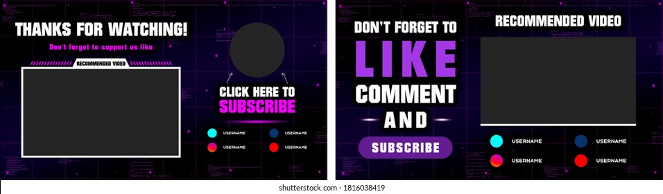 Youtube End Screen With Purple Design And Purple Lines. Youtube Video Template,  Background,  Outro Card, Endscreen, Banner, Channel. Social Media Design.