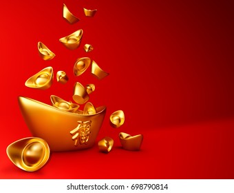 Yuanbao - Chinese gold sycee on red background, Chinese calligraphy "FU" (Foreign text means Prosperity) - 3D Rendering