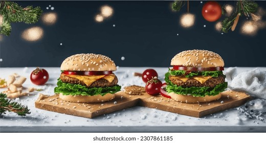 Yummy beef burger with salad leaf,cherry tomatoes,cheese on white wooden table with snowy background.Christmas New Year Banner wallpaper.Delicious hamburger.Snowflakes.American food.Celebration - Powered by Shutterstock