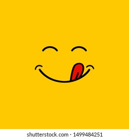 Yummy Smile Cartoon Line Emoticon With Tongue Lick Mouth. Delicious Tasty Food Eating Emoji Face On Yellow Illustration Design Background