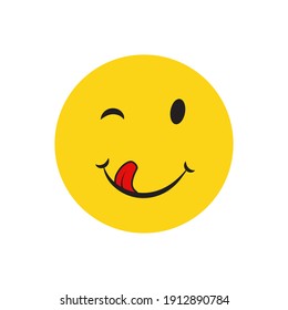 Yummy Smile Cartoon Line Emotion With Tongue Lick Mouth. Delicious Tasty Food Eating Emoji Face On Yellow Design Background