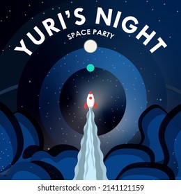 Yuri's Night Space Party Greeting 
With Space Exploration Concept In Deep Space Background.  Cosmonautics Day. Celebrated On April 12. Square. Illustration For Social Media Or Digital Posts.