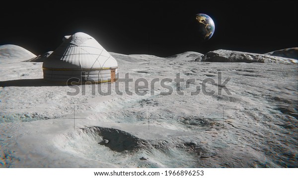 Yurt on the moon. There is earth in the\
sky. From the realm of fantasy. 3d illustration.\
