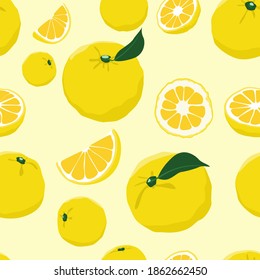 Yuzu Fruit Seamless Pattern, Set Of Yuzu Fruit With Half Slice And Leaf.