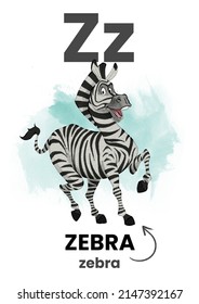 Z letter animal flashcard, Zebra character illustration for children education. Learn alphabet easily