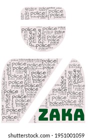 Zaka And Related Concepts Illustrated In A Wordcloud Shaped Like A Police Officier Over A White Opaque Background.