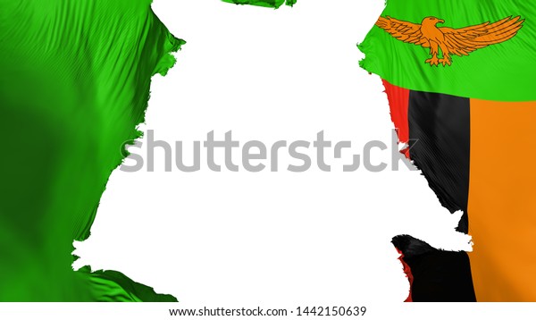 Zambia\
flag ripped apart, white background, 3d\
rendering