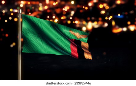 Zambia National Flag City Light Night Bokeh Background 3D