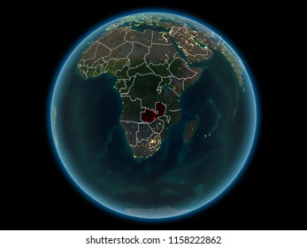 Zambia In Red With Visible Country Borders And City Lights From Space At Night. 3D Illustration. Elements Of This Image Furnished By NASA.