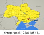 Zaporizhzhia Nuclear Power Plant on Ukraine map with cities and regions, hot spot of Russo-Ukrainian war. Border of countries on Europe map. Zaporizhzhia station, radiation, danger and crisis theme.