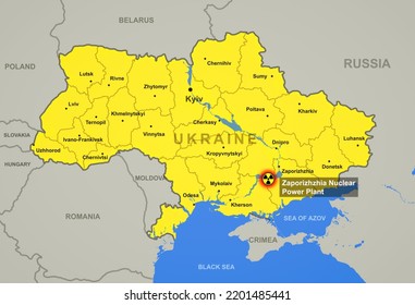 Zaporizhzhia Nuclear Power Plant On Ukraine Map With Cities And Regions, Hot Spot Of Russo-Ukrainian War. Border Of Countries On Europe Map. Zaporizhzhia Station, Radiation, Danger And Crisis Theme.