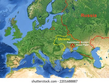 Zaporizhzhia Nuclear Power Plant In Ukraine On Europe Map, Hot Spot Of Russia-Ukraine War. Theme Of Zaporizhzhia Station, Map, Border, World Crisis And Danger. Elements Of Image Furnished By NASA.