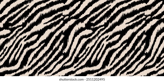 Zebra beautiful illustration seamless pattern. Fabric texture repeated. Lines black stripes with ikat effect on beige color background.