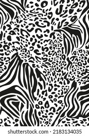 Zebra And Leopard Skins Patchwork Wallpaper Abstract Black And White Wild Animal Texture Pattern.